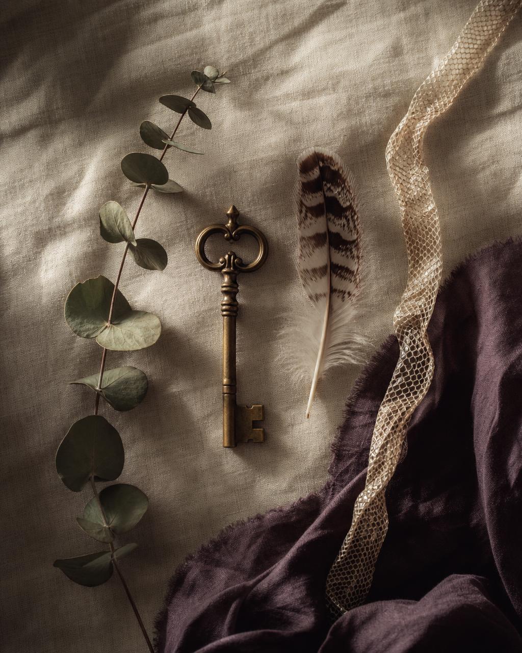 A still life of a brass key, owl feather, eucalyptus, and shed serpent skin — the symbols of Serpent & Owl