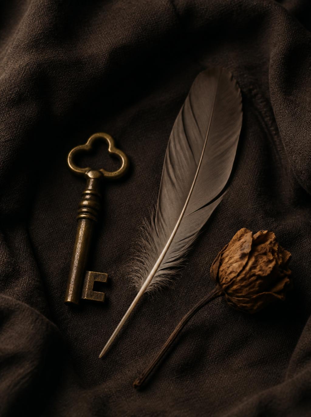 A still life of an old key, a feather, and a dried flower