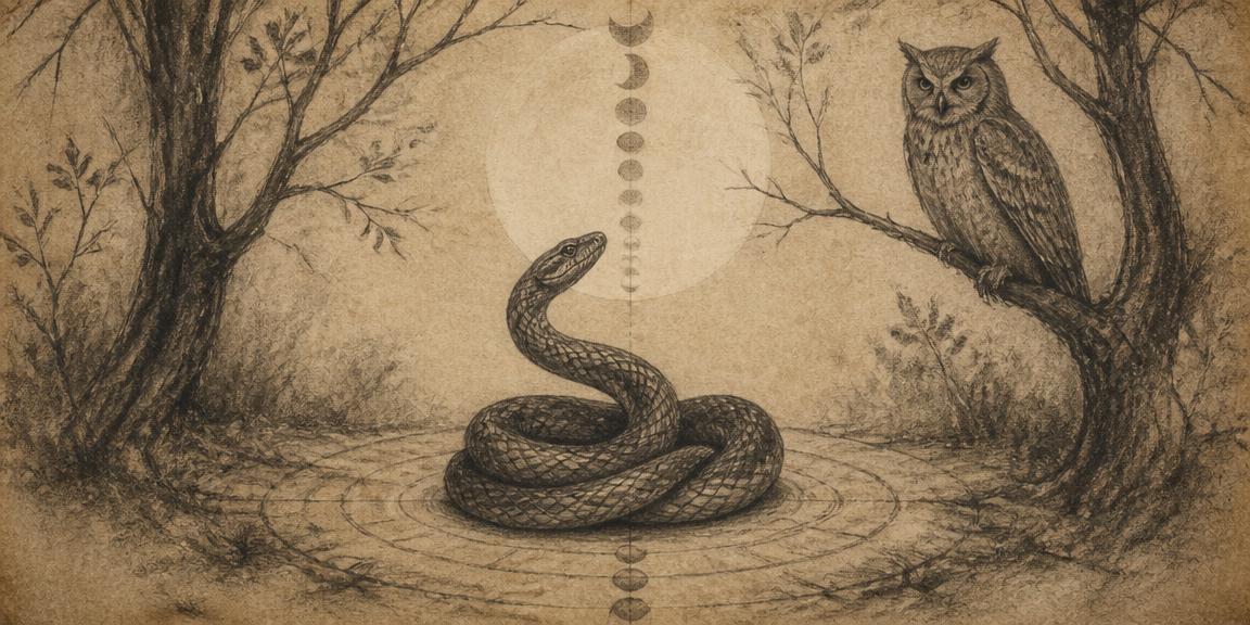 A coiled serpent and a watching owl in a moonlit grove