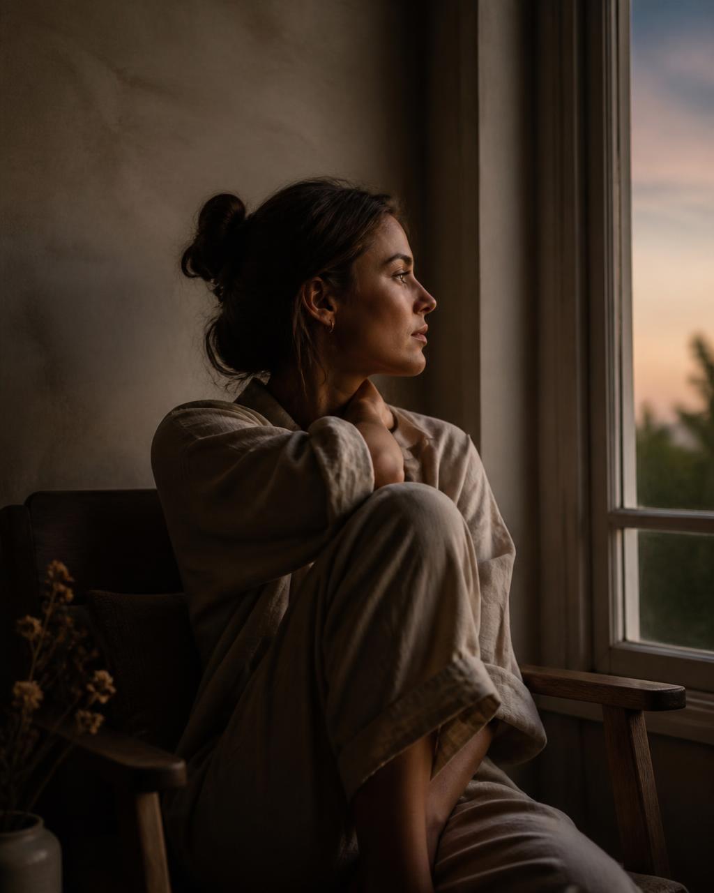 A contemplative figure sitting by a window at dusk in quiet contemplation